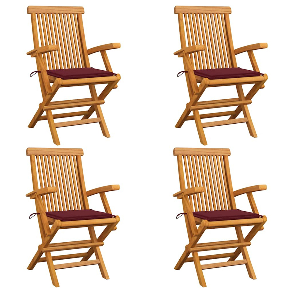 Chaises de jardin avec coussins rouge bordeaux lot de 4 teck