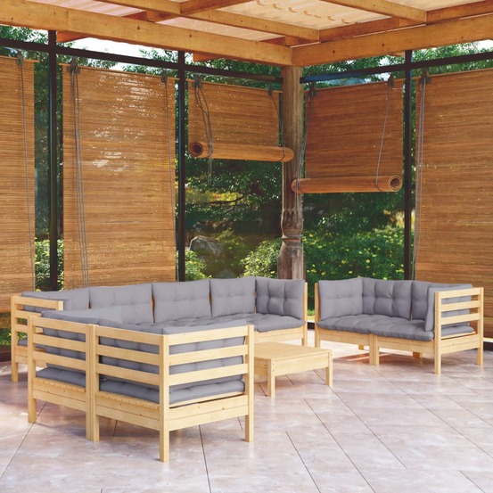 Salon de jardin 9 pcs avec coussins gris bois de pin massif