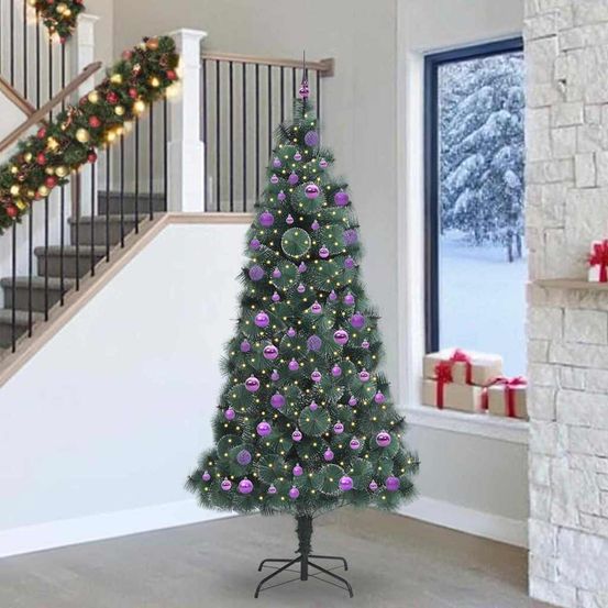 Décoration sapin de noël moderne tout-en-un : forme cône, 120 boules et lumières led