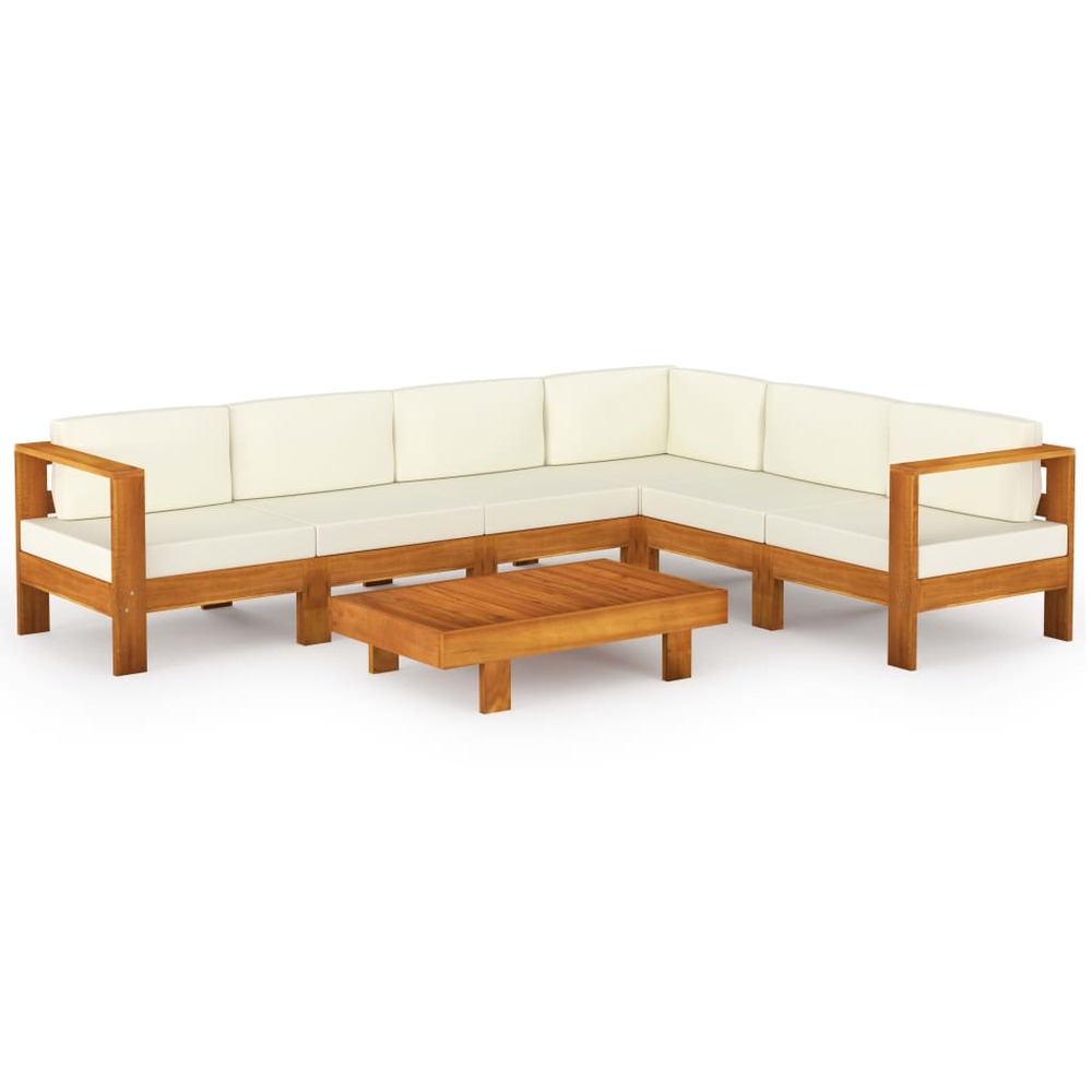 Salon de jardin meuble d'extérieur ensemble de mobilier 7 pièces avec coussins blanc crème bois d'acacia