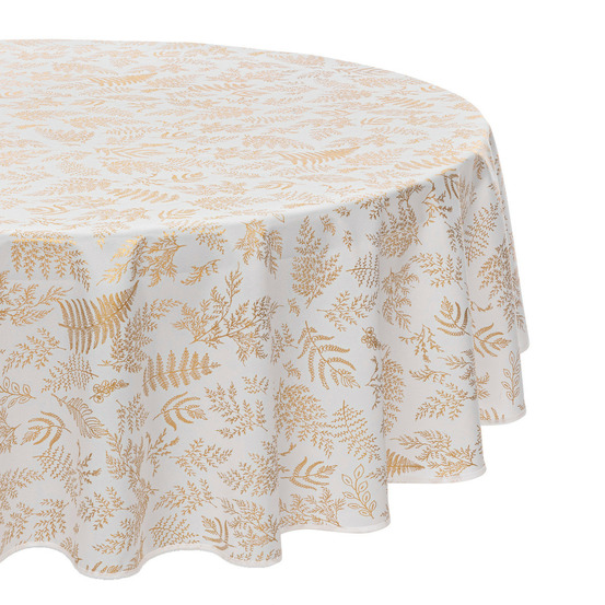 Nappe ronde anti-taches blanche imprimé feuillage doré d 180 cm