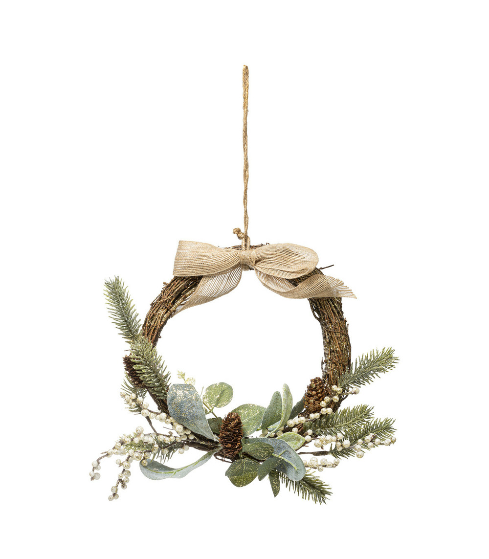 Couronne de noël décorée baies beige, branches et noeud en jute d 36 cm