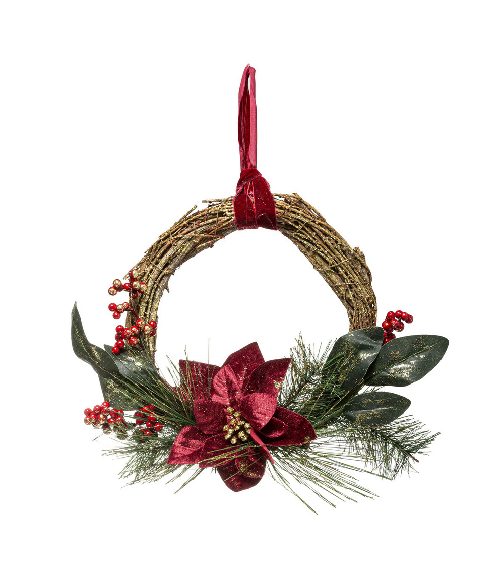 Couronne de noël poinsettia en velours bordeaux avec décoration d 38 cm