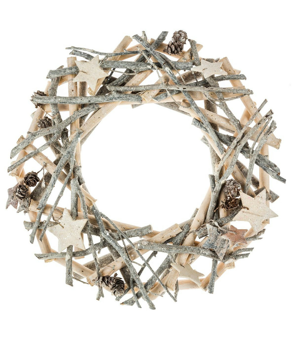 Couronne de noël en bois avec branches et déco terre sauvage