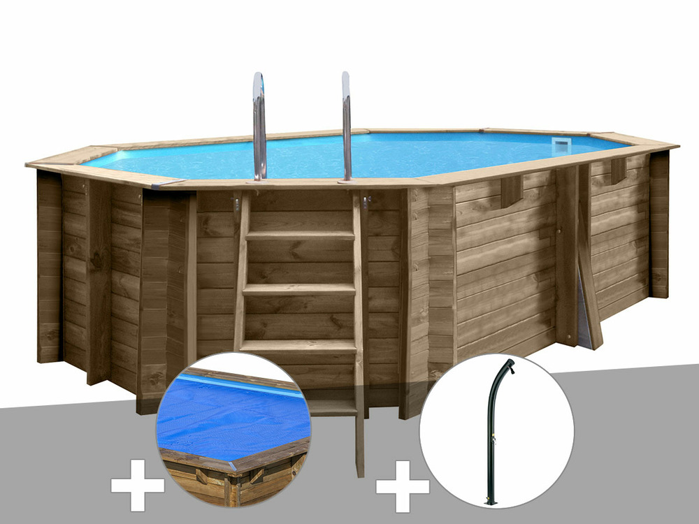 Kit piscine bois nade 2 4,36 x 3,36 x 1,17 m + bâche à bulles + douche