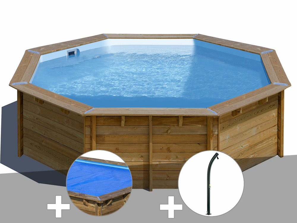Kit piscine bois violette 2 ø 5,00 x 1,27 m + bâche à bulles + douche