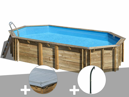 Kit piscine bois orange 7,55 x 4,56 x 1,46 m + bâche hiver + douche