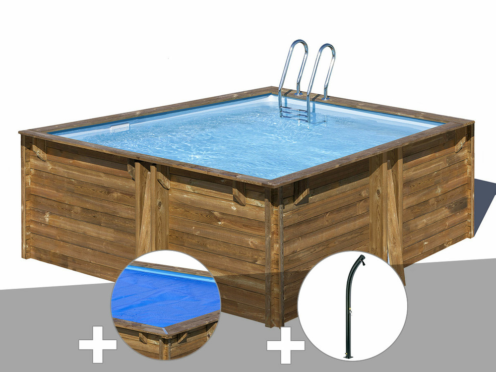 Kit piscine bois carra 3,05 x 3,05 x 1,19 m + bâche à bulles + douche