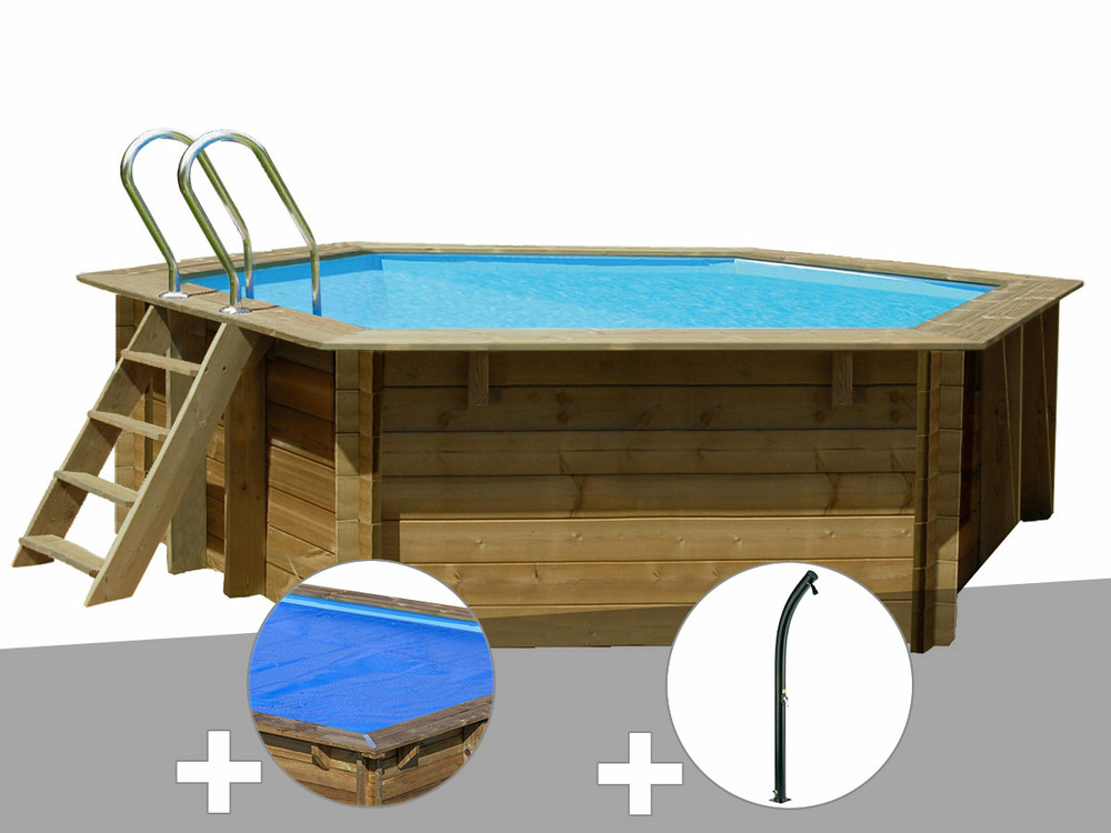Kit piscine bois vanille 2 ø 4,00 x 1,19 m + bâche à bulles + douche