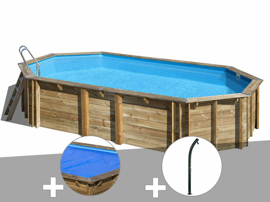 Kit piscine bois orange 7,55 x 4,56 x 1,46 m + bâche à bulles + douche