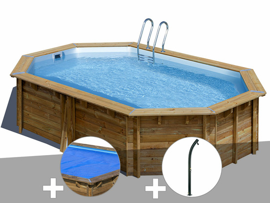 Kit piscine bois canelle 5,35 x 3,35 x 1,17 m + bâche à bulles + douche