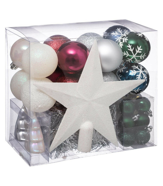 Déco de sapin de noël kit 44 pièces, boule, guirlande et cimier - multicolore