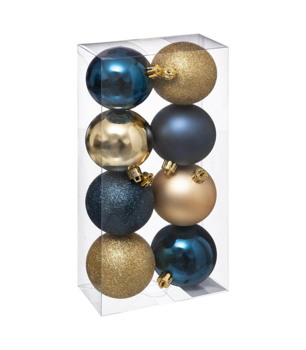 Déco de sapin lot de 8 boules de noël d 7 cm - bleu et or