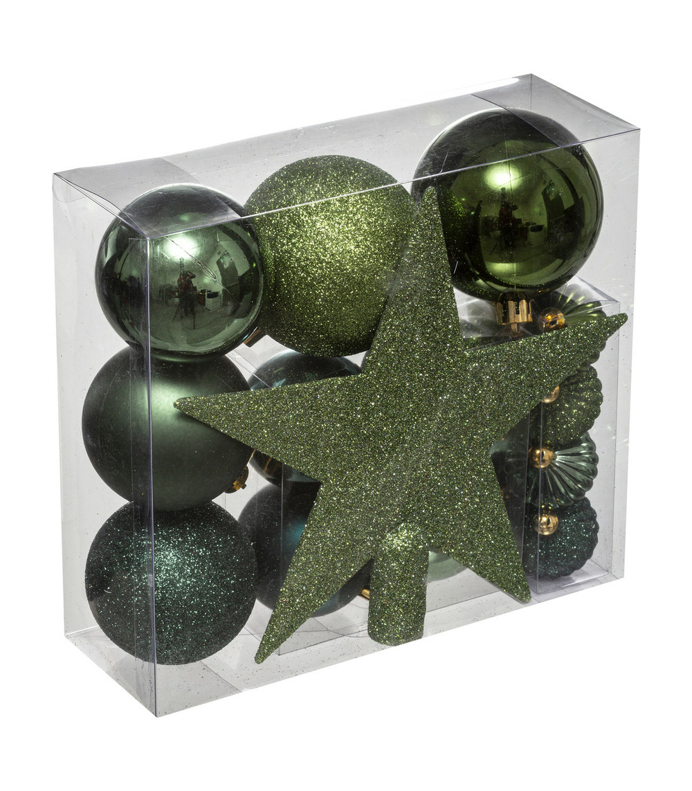 Déco de sapin de noël kit de 18 pièces boules et cimier - vert olive et kaki