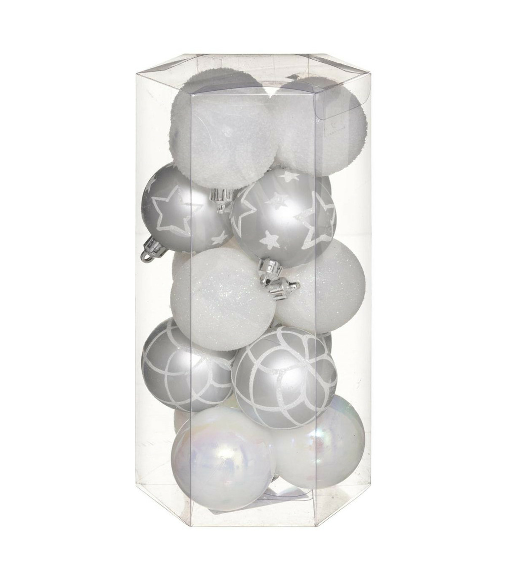 Déco de sapin lot de 15 boules de noël d 5 cm - blanc et argent