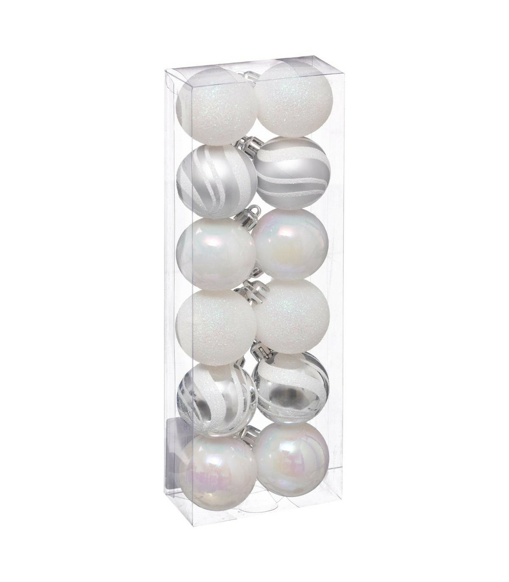 Déco de sapin lot de 12 boules de noël d 4 cm - argent et blanc