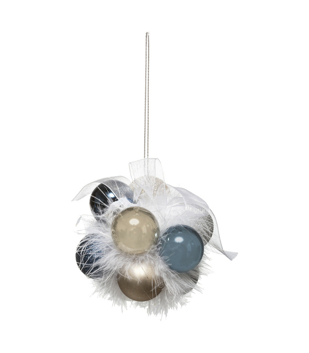 Grappe de 11 boules de noël à suspendre déco ruban organza et plumes