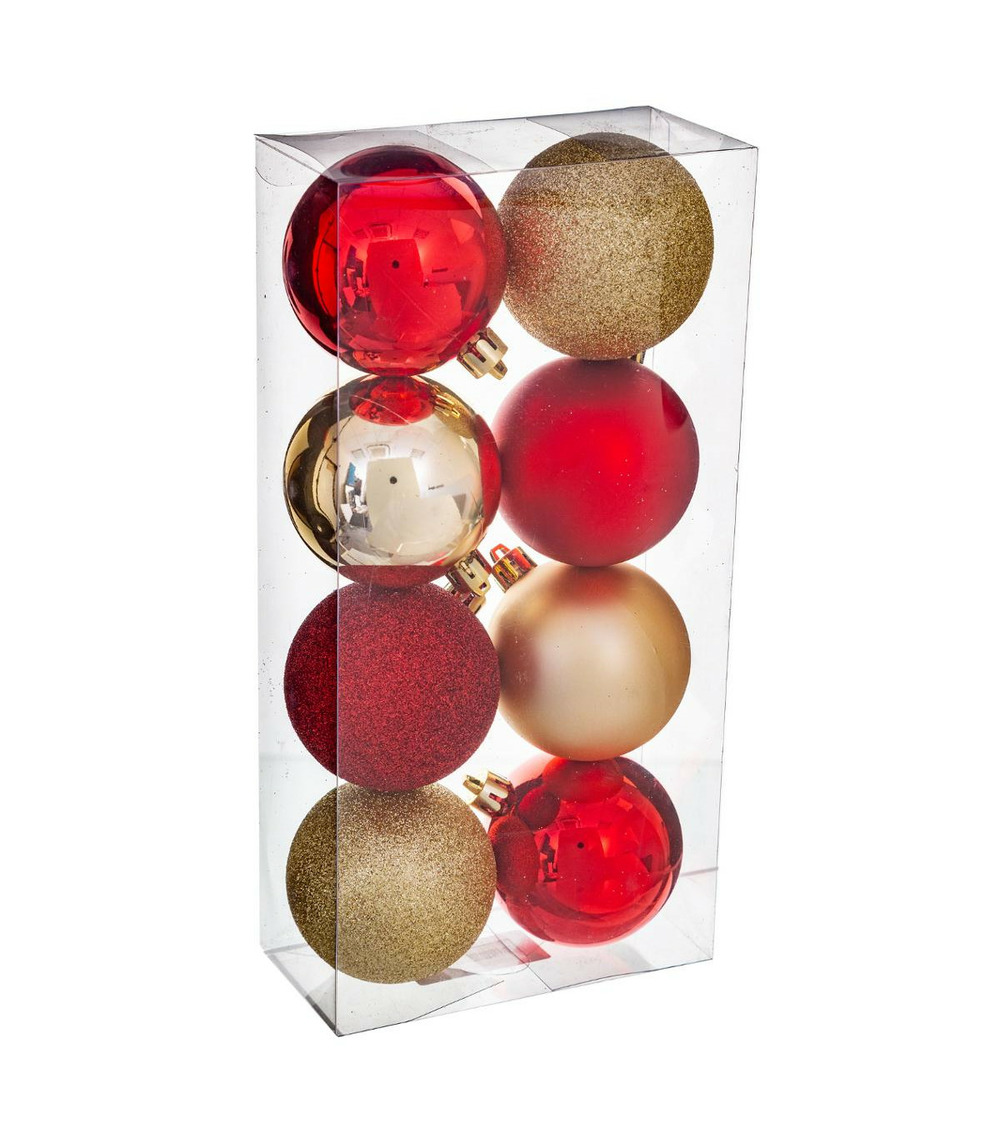 Déco de sapin lot de 8 boules de noël d 7 cm - rouge et or