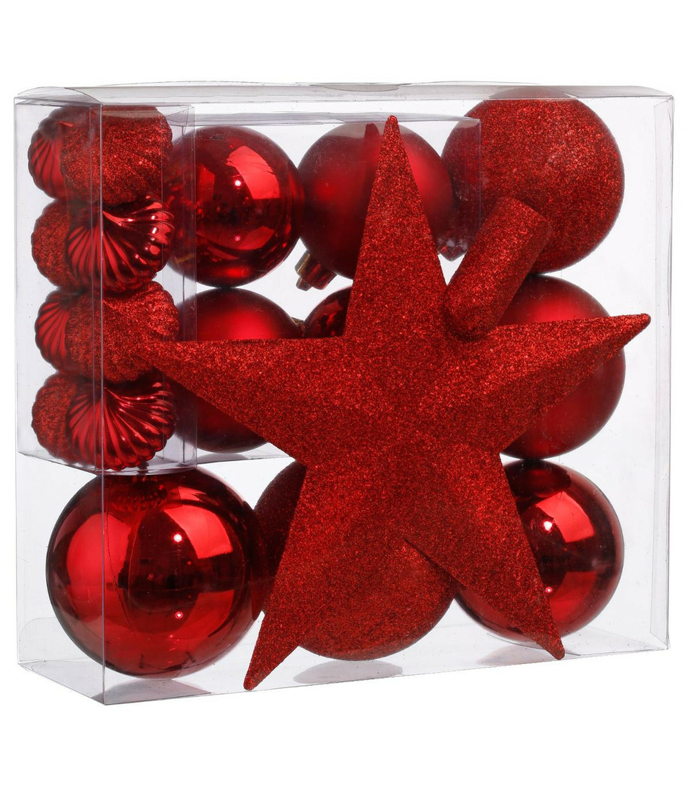 Déco de sapin de noël kit de 18 pièces boules et cimier - rouge
