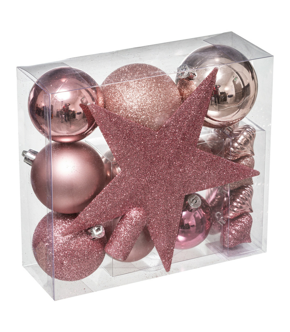 Déco de sapin de noël kit de 18 pièces boules et cimier - nuance de rose