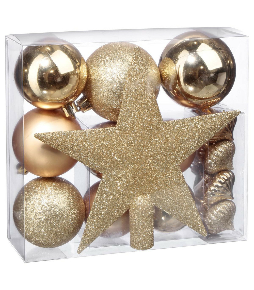 Déco de sapin de noël kit de 18 pièces boules et cimier - or
