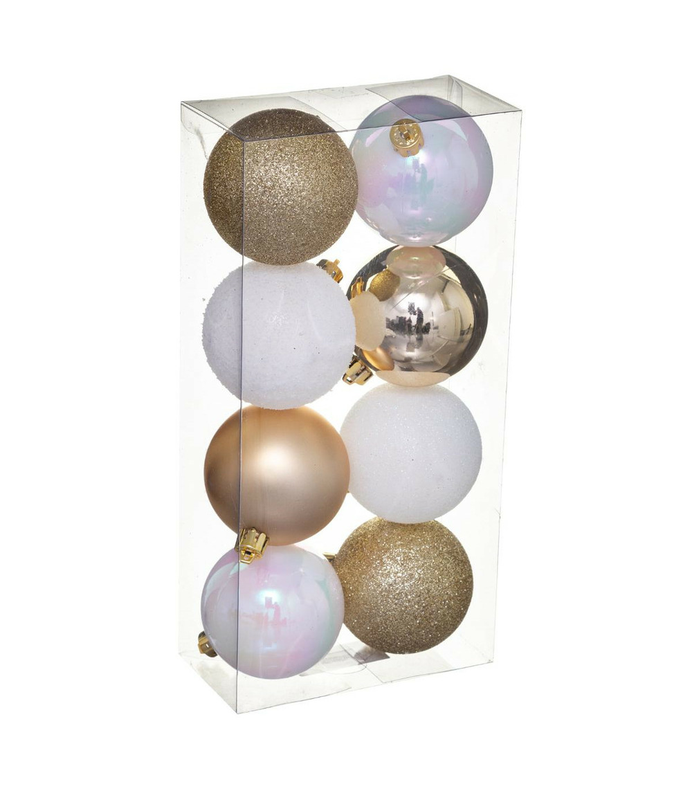 Déco de sapin lot de 8 boules de noël d 7 cm - or et blanc