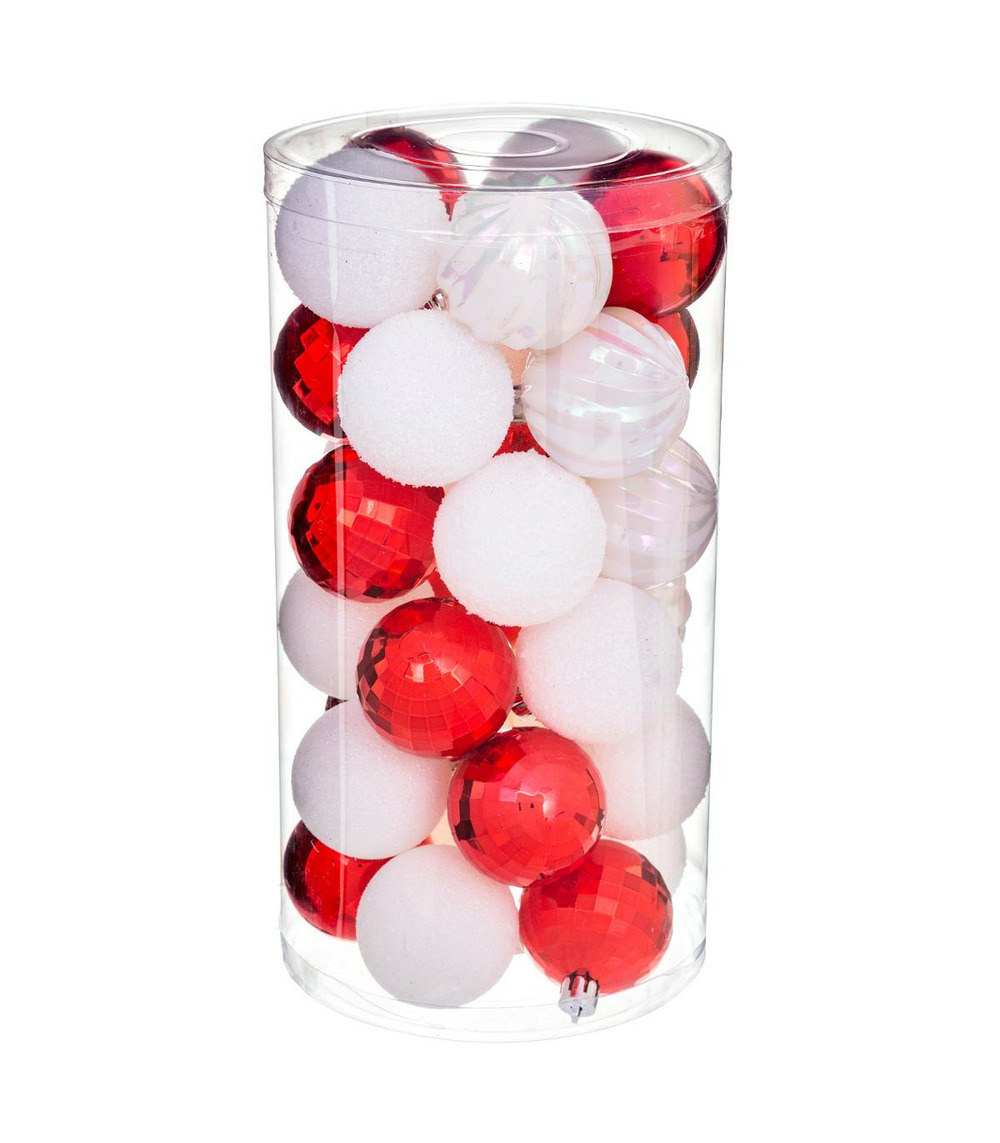 Déco de sapin lot de 30 boules de noël d 6 cm - rouge et blanc