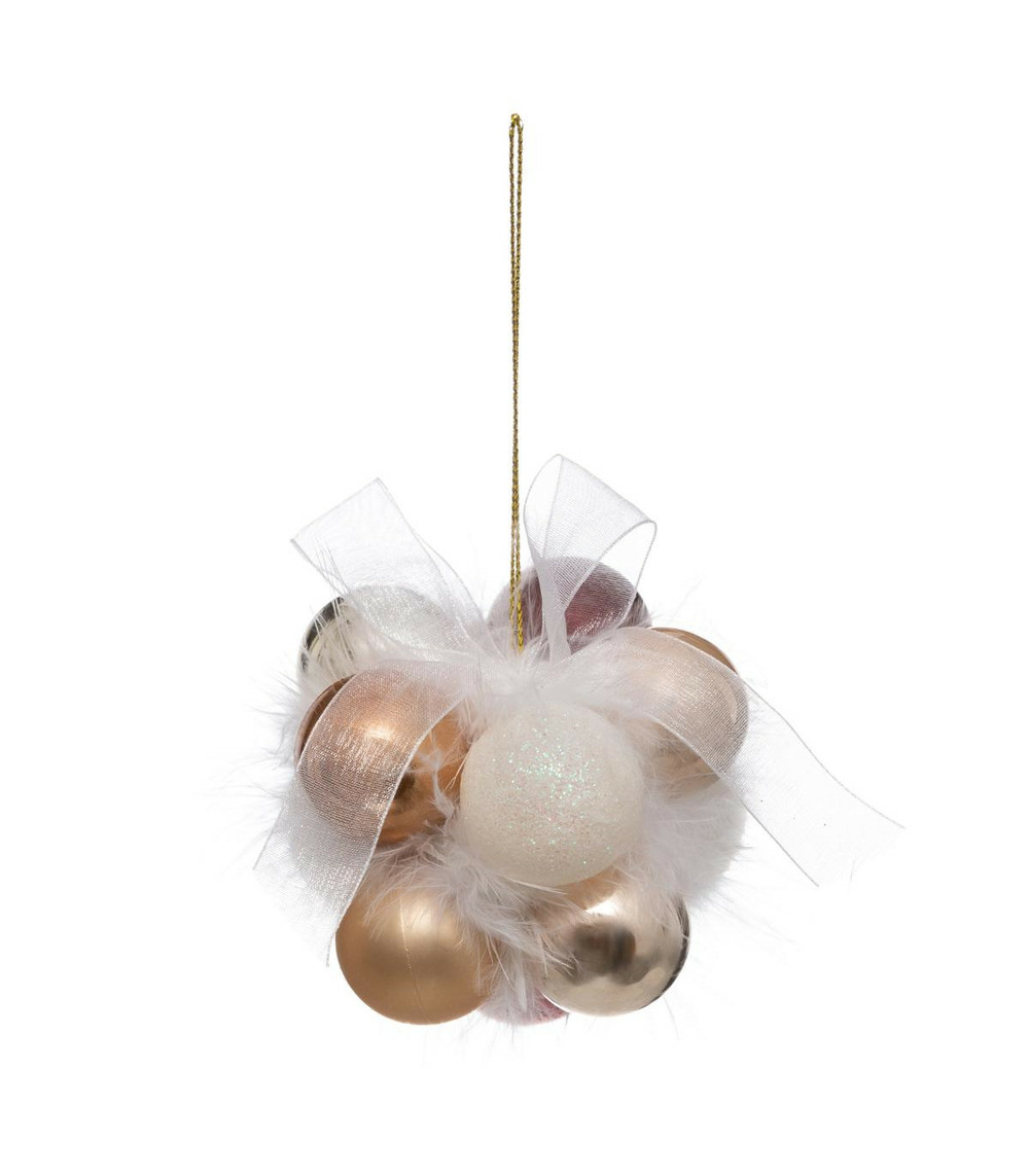 Grappe de 11 boules de noël à suspendre déco ruban et plumes blanches Truffaut