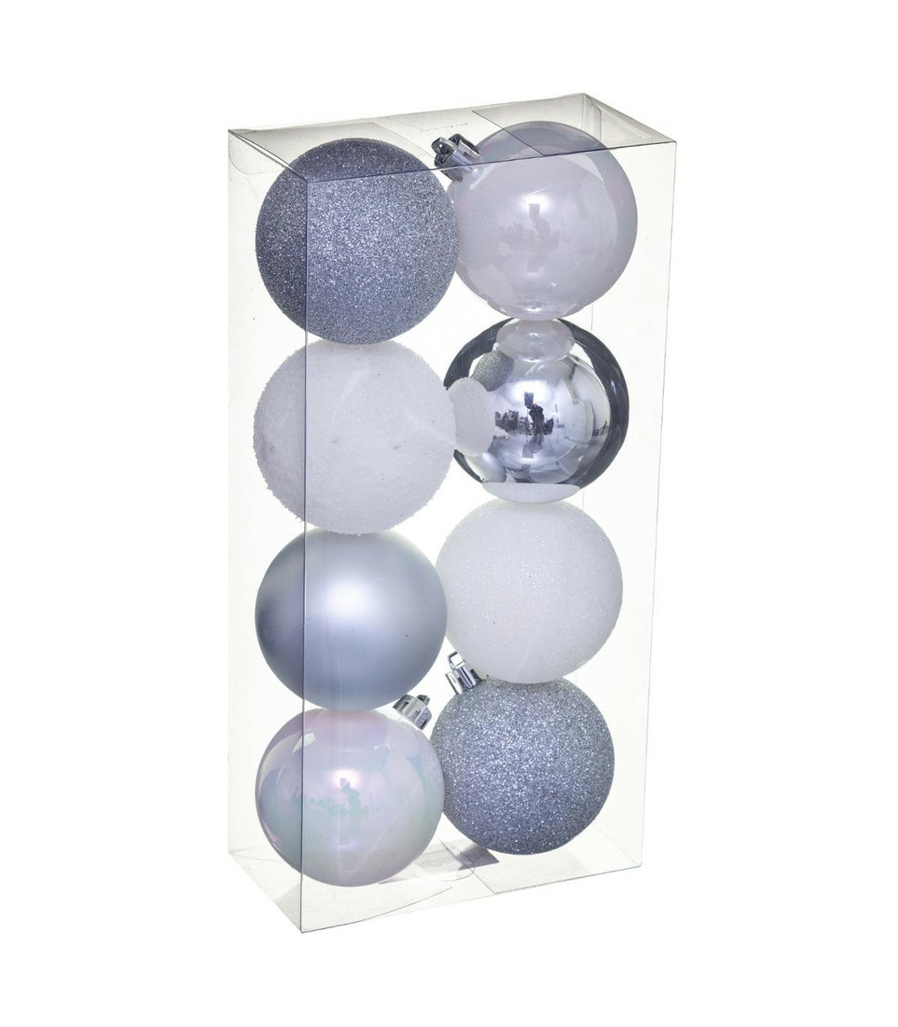 Déco de sapin lot de 8 boules de noël d 7 cm - argent et blanc