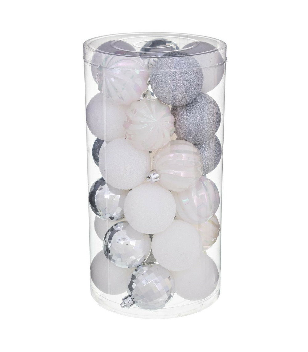 Déco de sapin lot de 30 boules de noël d 6 cm - argent et blanc