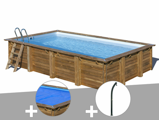 Kit piscine bois evora 6,20 x 4,20 x 1,33 m + bâche à bulles + douche
