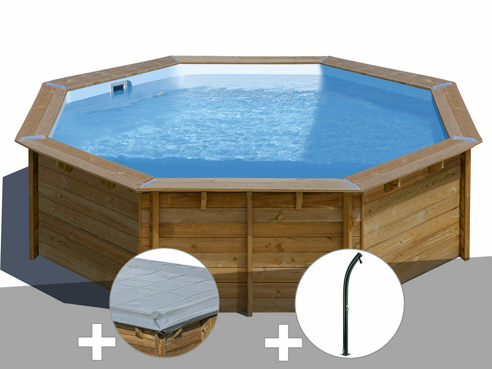 Kit piscine bois violette 2 ø 5,00 x 1,27 m + bâche hiver + douche