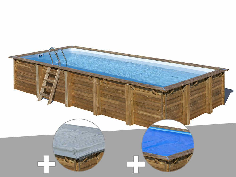 Kit piscine bois braga 8,15 x 4,20 x 1,46 m + bâche hiver + bâche à bulles