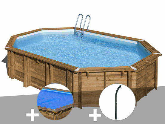 Kit piscine bois avocado 6,56 x 4,56 x 1,31 m + bâche à bulles + douche