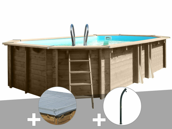 Kit piscine bois safran 2 6,20 x 3,95 x 1,36 m + bâche hiver + douche