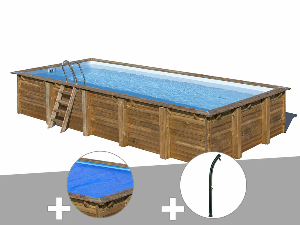 Kit piscine bois braga 8,15 x 4,20 x 1,46 m + bâche à bulles + douche