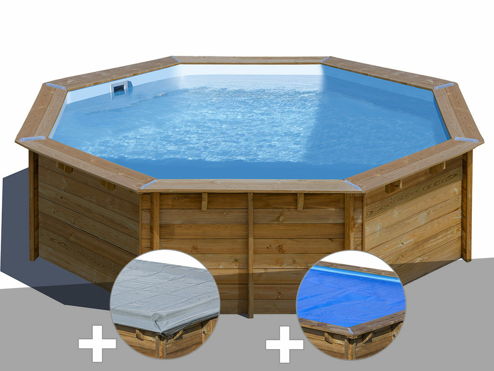Kit piscine bois violette 2 ø 5,00 x 1,27 m + bâche hiver + bâche à bulles