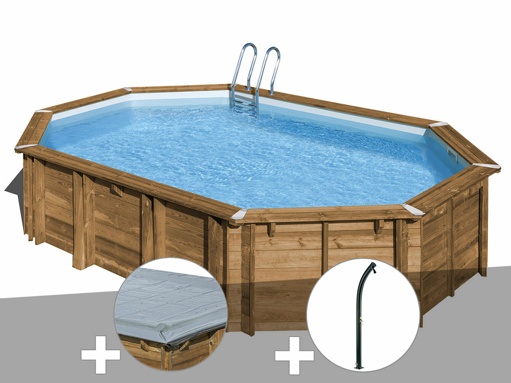 Kit piscine bois avocado 6,56 x 4,56 x 1,31 m + bâche hiver + douche