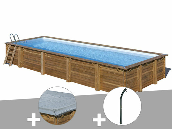 Kit piscine bois mint 10,10 x 4,18 x 1,46 m + bâche hiver + douche