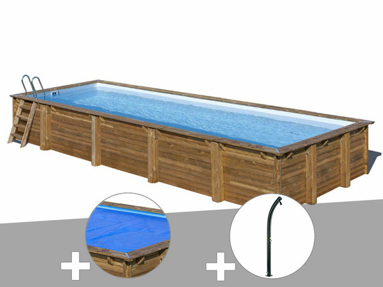Kit piscine bois mint 10,10 x 4,18 x 1,46 m + bâche à bulles + douche
