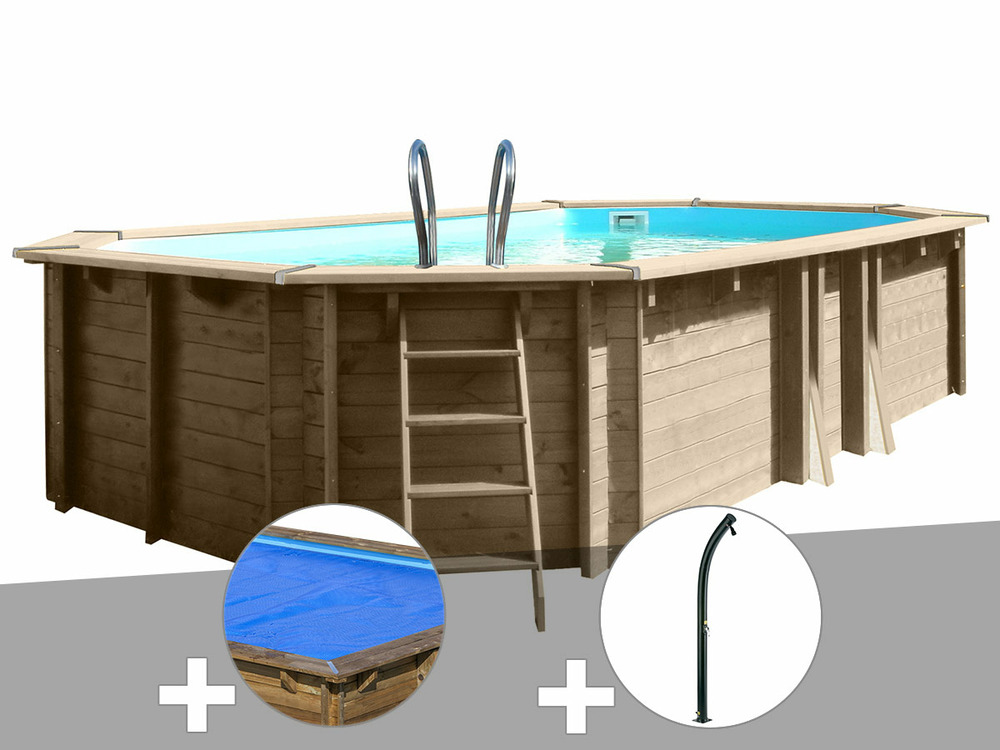 Kit piscine bois safran 2 6,20 x 3,95 x 1,36 m + bâche à bulles + douche