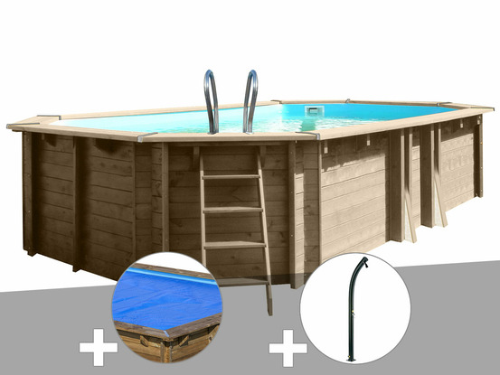 Kit piscine bois safran 2 6,20 x 3,95 x 1,36 m + bâche à bulles + douche