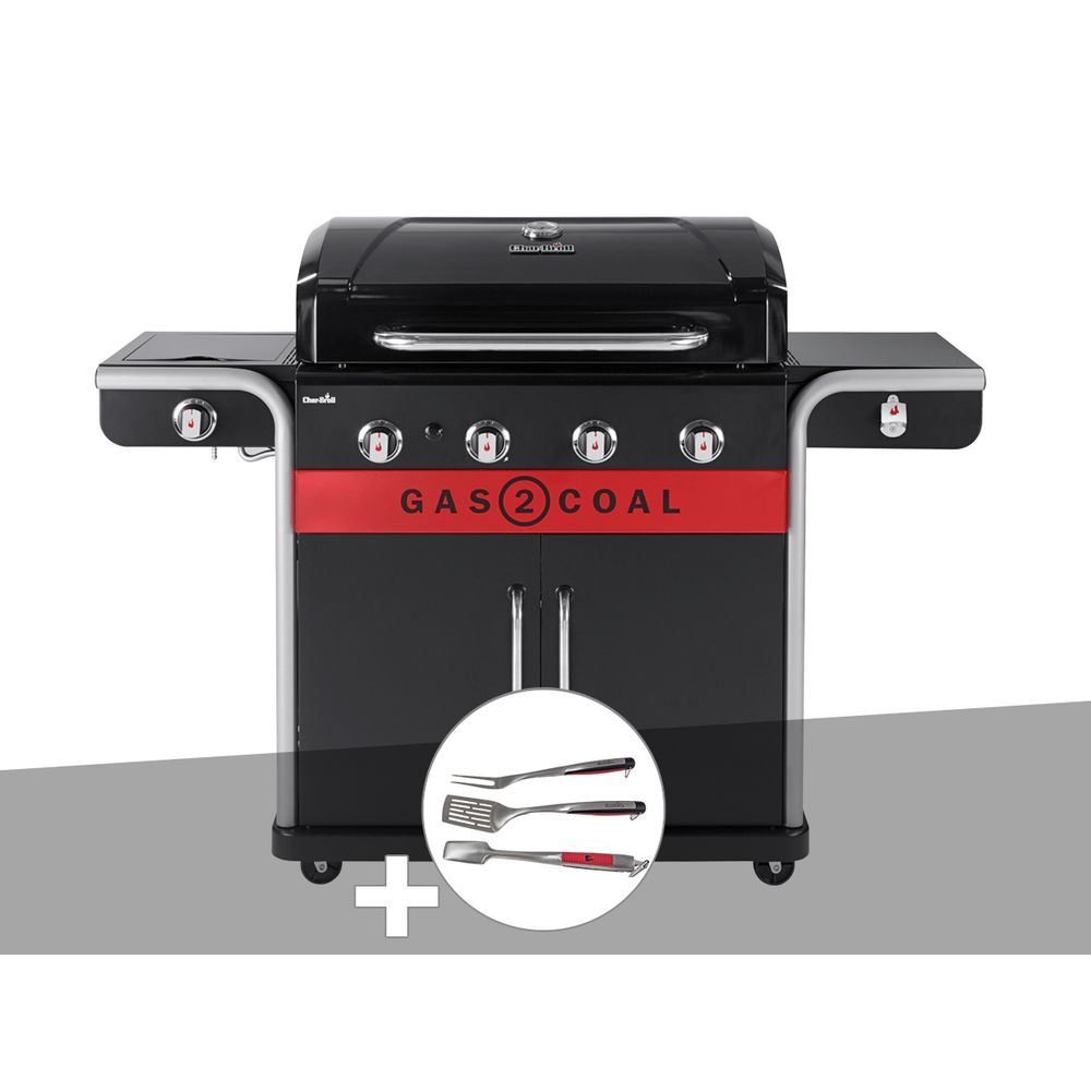 Barbecue à gaz et à charbon gas2coal 2.0 4b + kit 3 ustensiles