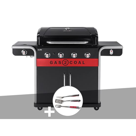 Barbecue à gaz et à charbon gas2coal 2.0 4b + kit 3 ustensiles