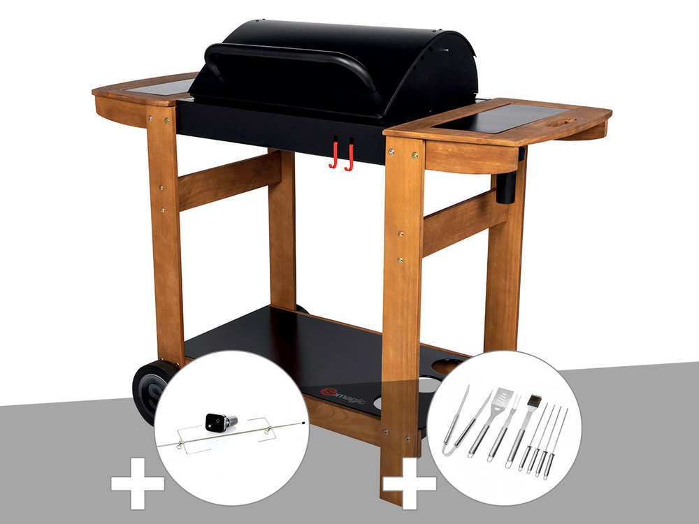 Barbecue à charbon indiana + kit tournebroche + malette 8 accessoires