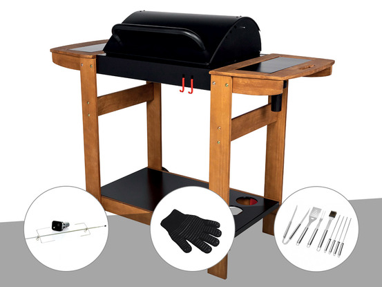 Barbecue à charbon indiana + kit tournebroche + gant + malette 8 accessoires
