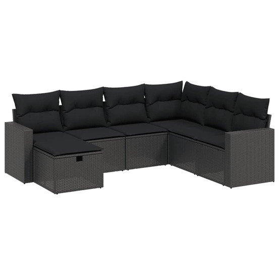 Salon de jardin 7 pcs avec coussins noir résine tressée