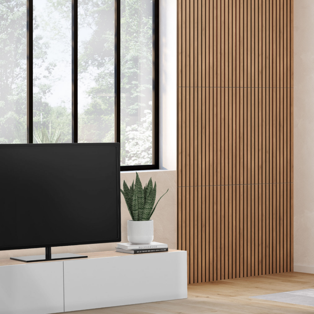 Panneaux acoustiques en tasseaux de bois 250 x 60 cm effet chêne clair et noir