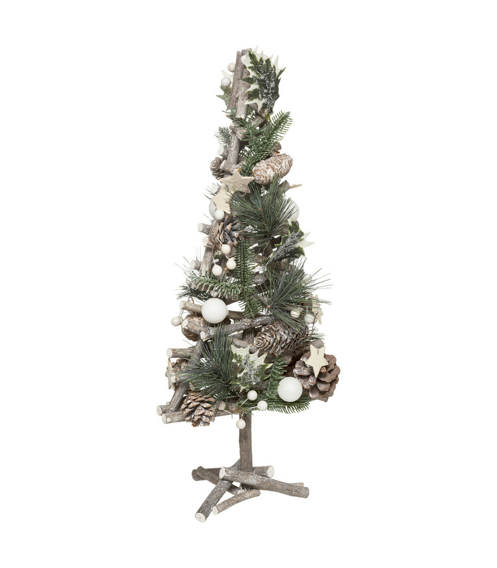 Sapin en bois avec déco nature branches pommes de pin et etoiles h 55 cm