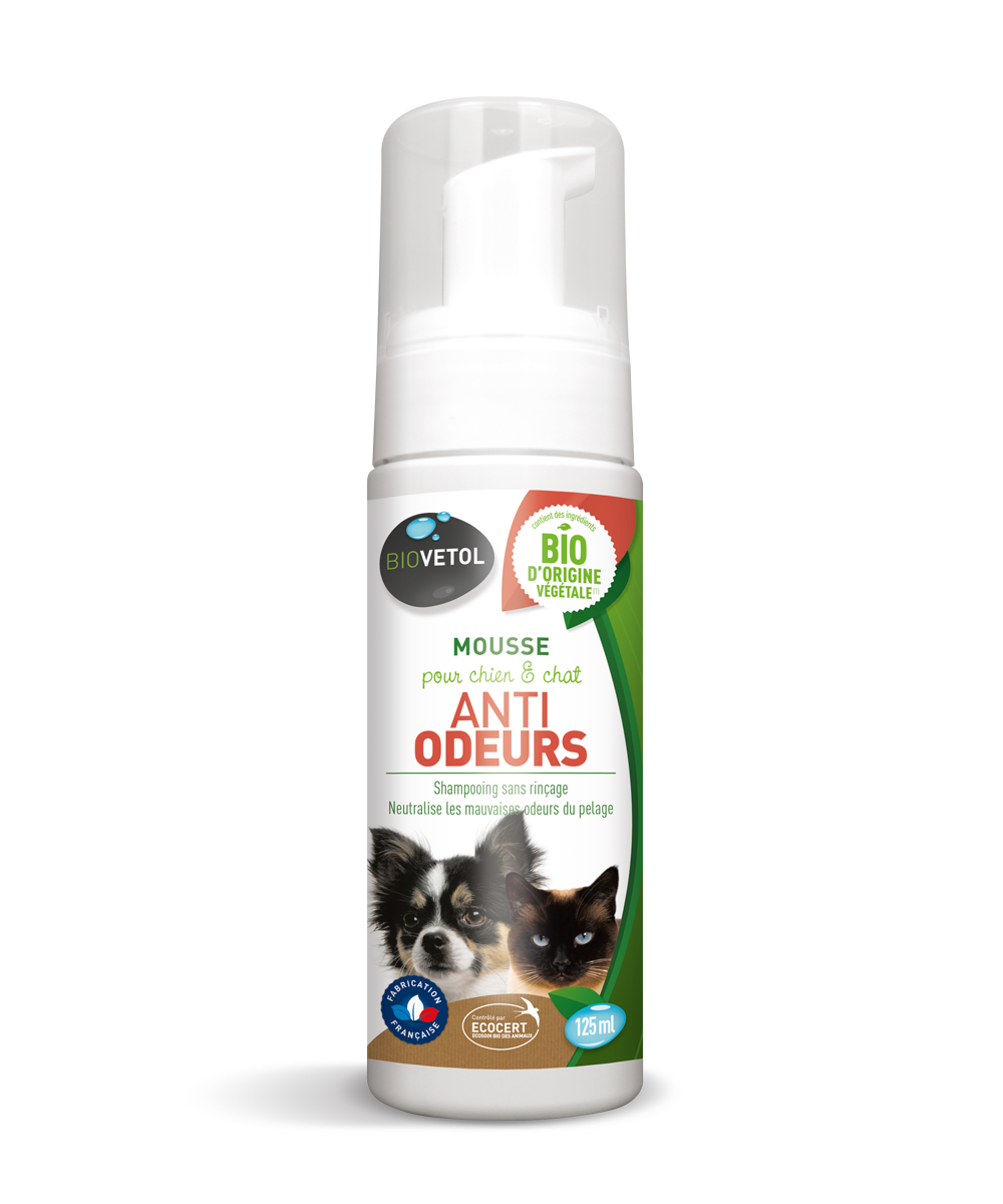 Mousse anti-odeur- chien chat bio certifié ecocert- shampooing sec-125 ml